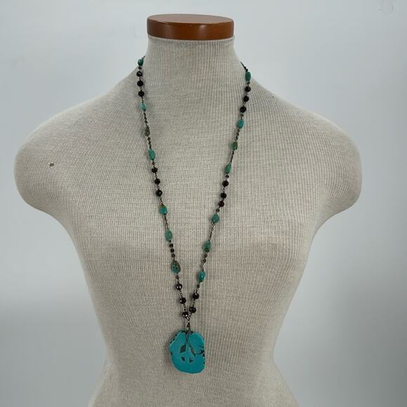 Handmade garnet and turquoise, peace, sign necklace with silver disc chain - Picture 1 of 9